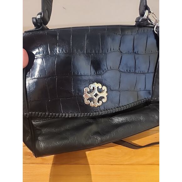 Brighton Black Leather Crossbody Bag Embossed Croc Organizer Silver Clasp - Picture 4 of 15